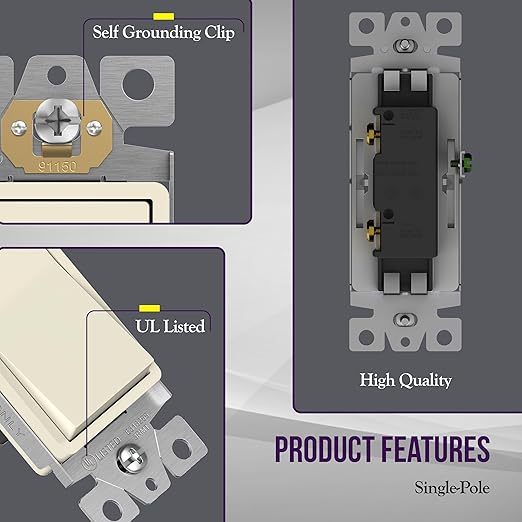 ENERLITES Decorator On/Off Paddle Switch with Wall Plates, Single Pole, 3 Wire, Grounding Screw, Residential Grade, 15A 120V/277V, UL Listed, 91150-LAWP