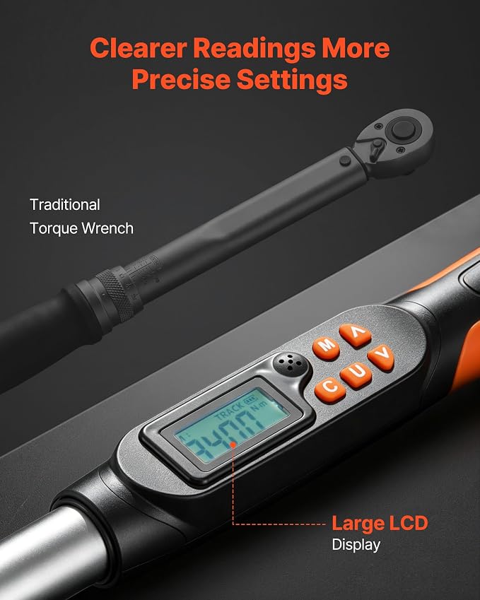 VEVOR Torque Wrench Set 1/2" Drive Digital Torque Wrench 4 Display Units, ±2% Accuracy, LCD Screen, with Buzzer and LED Indicator, with Sockets, Extension Bar, Adapter, for Automotive Repair