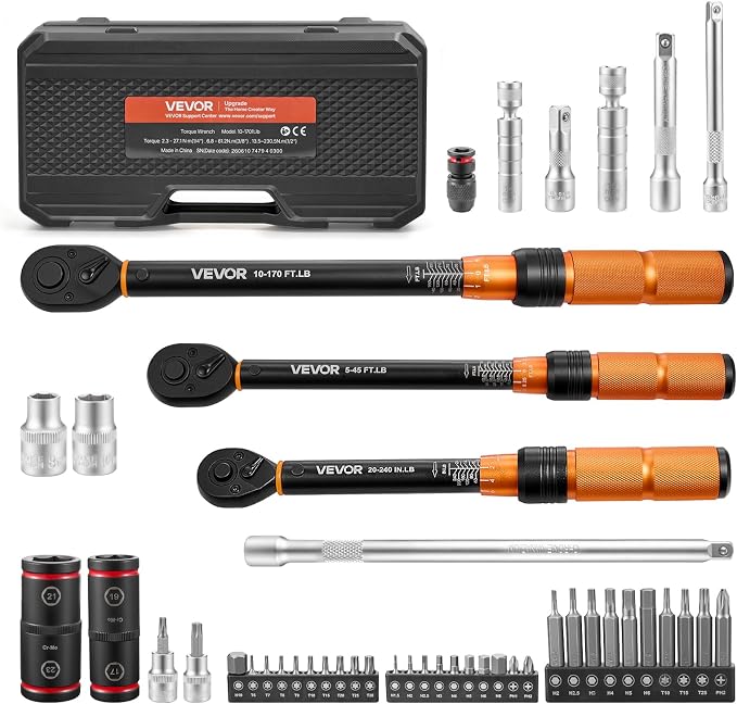 VEVOR Torque Wrench Set 1/4" 3/8" 1/2" Drive Click Torque Wrench 47-Piece, Dual Scale Readings, ±3% High Precision, with Spark Plug Sockets, Bits, Extension Bars, Storage Case, for Automotive Repair