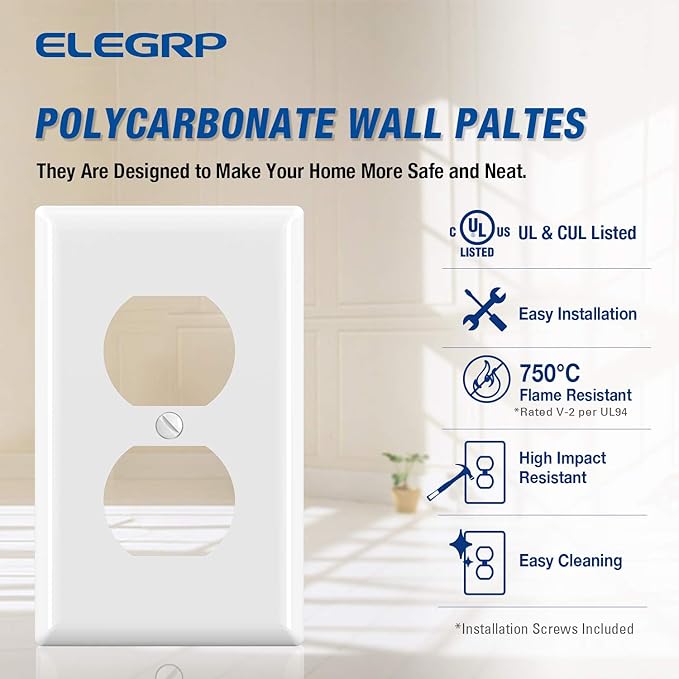 ELEGRP Duplex Receptacle Outlet Covers, 1-Gang Standard Size Wall Plates, Unbreakable Polycarbonate Dual Outlet Faceplates Covers, UL Listed, Color-matched Screws Included (20 Pack, Glossy White)