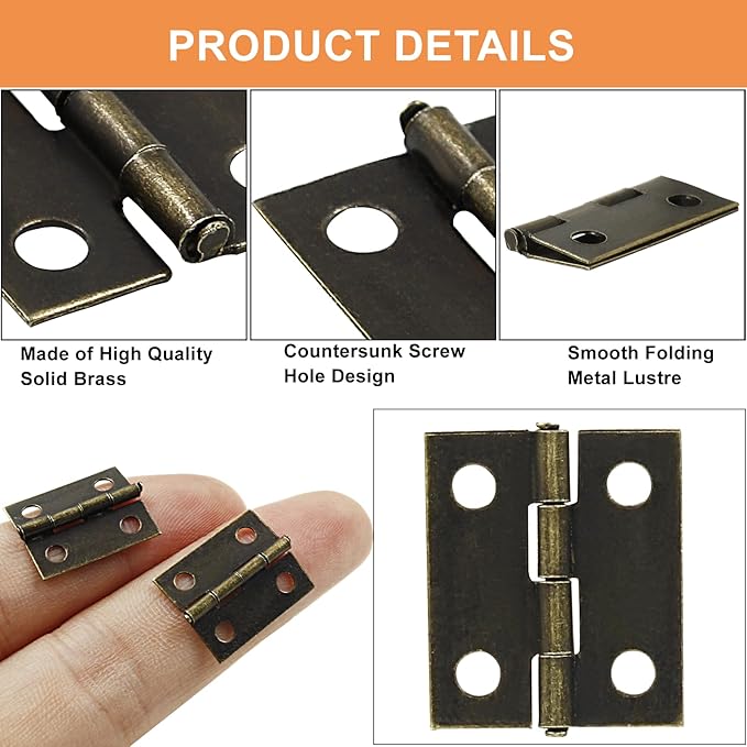 50 Mini Hinges, 0.73"x0.59", Bronze Butt, Tiny with Storage Box, Solid Copper DIY Hinges for Mini Cabinet, Jewelry, Wooden Box