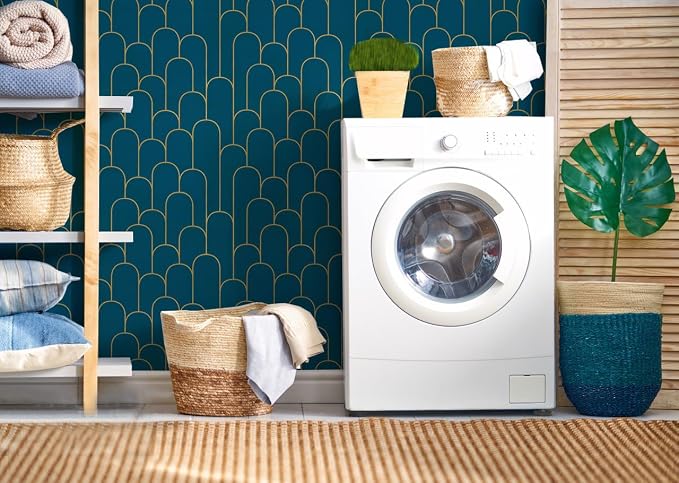 Yasinet Peel and Stick Wallpaper Stripe Removable Blue Contact Paper Blue/Gold Geometric Self Adhesive Decorative for Wall Countertop Cabinet Furniture Vinyl Film 17.3''x393.7''