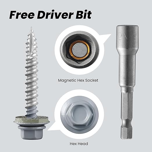 Metal Roofing Screws #10 × 1 Inch, 280pcs Gray Ruspert Coating Hex Head Roofing Screws with Rubber Washer, Self Starting Metal to Wood Siding Screw