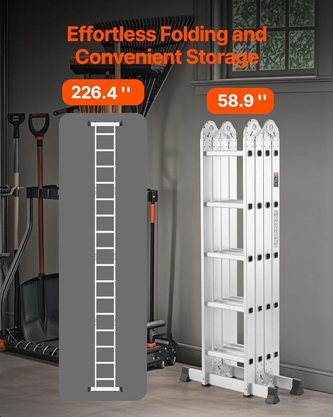 VEVOR Multi-Purpose Folding Ladder, 7-in-1 Tall Extension Step Ladder, A Frame 5 Step Telescoping Ladder, 19ft Reach Height Heavy Duty Adjustable Ladder, 330 lbs Capacity for Home Outdoor Metal