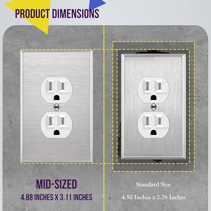 ENERLITES Duplex Receptacle Outlet Metal Wall Plate, Stainless Steel Outlet Cover, Corrosion Resistant, Mid-Size 1-Gang 4.88" x 3.11", UL Listed, 7721M, 430 Stainless Steel, Silver