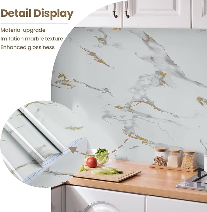 practicalWs Glossy Marble Wallpaper Peel and Stick White/Gold Granite Contact Paper Removable Wall Paper for Kitchen Countertop Cabinet Furniture 23.6" x 118"