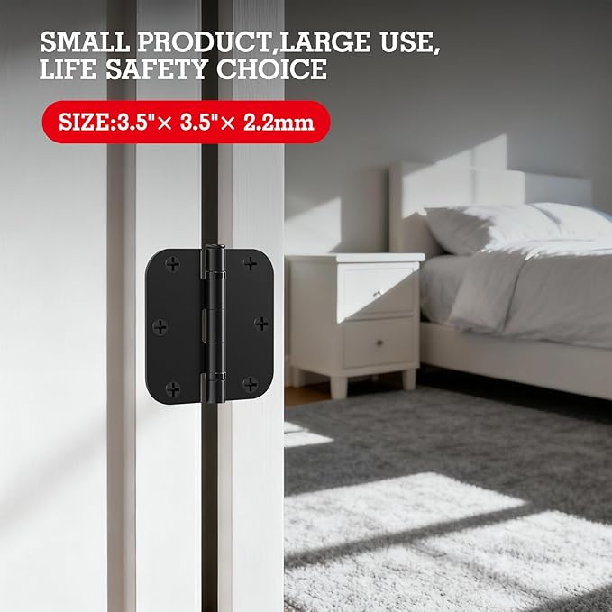 12 Pack Anti Squeak Matte Black Door Hinges 3.5 Inch 5/8" Radius Interior 3-1/2" Round Ball Bearing Hinges for Doors Flat Bifold Standard Bedroom 3 ½" Hardware Essentials House Home Decor Accessories