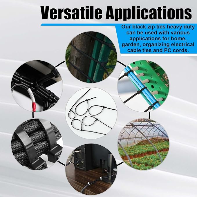 Reallnaive 1000 Pcs 8 Inch Zip Ties Heavy Duty 120 Lbs Tensile Strength Black Nylon Wire Cable Ties Bulk for Indoor Outdoor