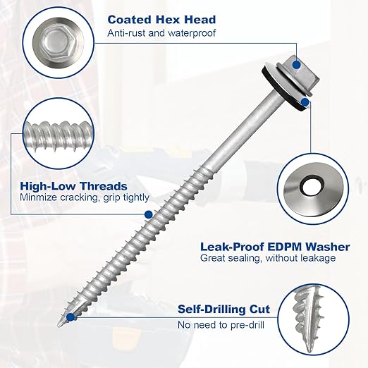 FMhotu Metal Roofing Screws #10×3Inch, 320-PCS, Hex Head Rustpert Coating Sheet Metal to Wood Siding Screw with EPDM Rubber Washer, Sharp Point, Hex Socket Included