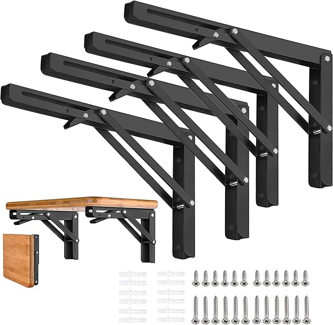 Folding Shelf Brackets - 18 inch 4 Pcs DIY Wall Mounted Shelf Brackets for Garage Workstation, Stuff Supports, Plant Stand - Heavy Duty Metal Collapsible Floating Shelf Bracket Black