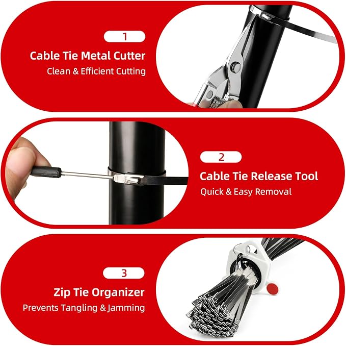 Metal Zip Ties Gun Set, 200Pcs Stainless Steel Cable Ties, Red | Heavy Duty Stainless Steel Cable Tie Gun Kit with 8 inch & 12 Inch Zip Ties for Chain Link Fence, Chicken Coop, Exhaust Pipes