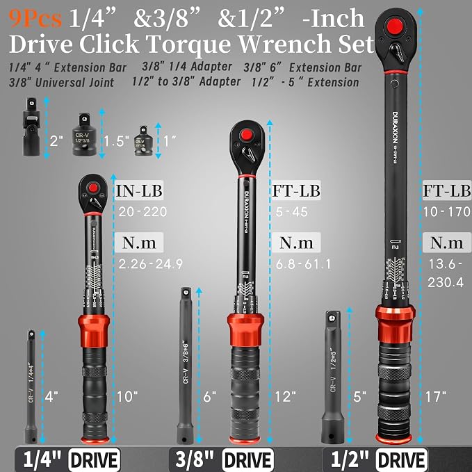 9PCS Torque Wrench Set 1/4" 3/8" 1/2" Drive 20–220 in.lb 5–45&10–170 ft.lb | Click Torque Wrench 72-Tooth Dual-Range ±3% Precision Adjustable Torque Wrenches for Bike, Moto, Car Repair and Maint