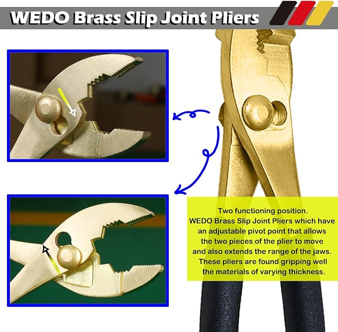 WEDO 2PCS Brass Pliers Set - 6" Slip Joint Pliers, 6" Adjustable Combination Pliers with Non-Slip Handle,For Gripping, Loosening Nuts and Bolts, Cutting Steel Wire,Die-Forged,Corrosion Resistant