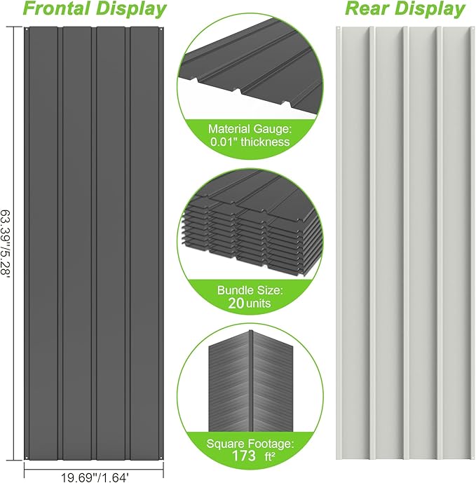 20PCS Metal Roofing Panels, Corrugated Galvanized Roof Panels, Waterproof Metal Siding Panel with 120 Pcs Steel Screws for Pergola, Gazebo, Shed, Garages, Stables and Mobile Homes -Grey