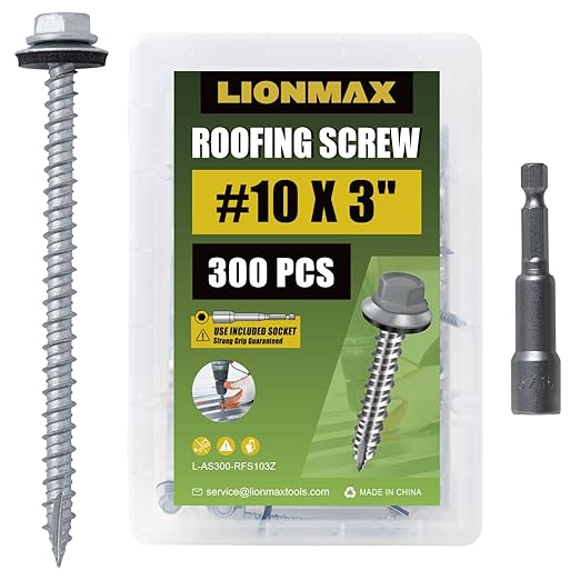 LIONMAX Metal Roofing Screws #10 × 3 Inch, 300-PCS, Rustproof Coating Hex Head Sheet Metal to Wood Siding Screw with Rubber Washer, Sharp Point, Hex Socket Included