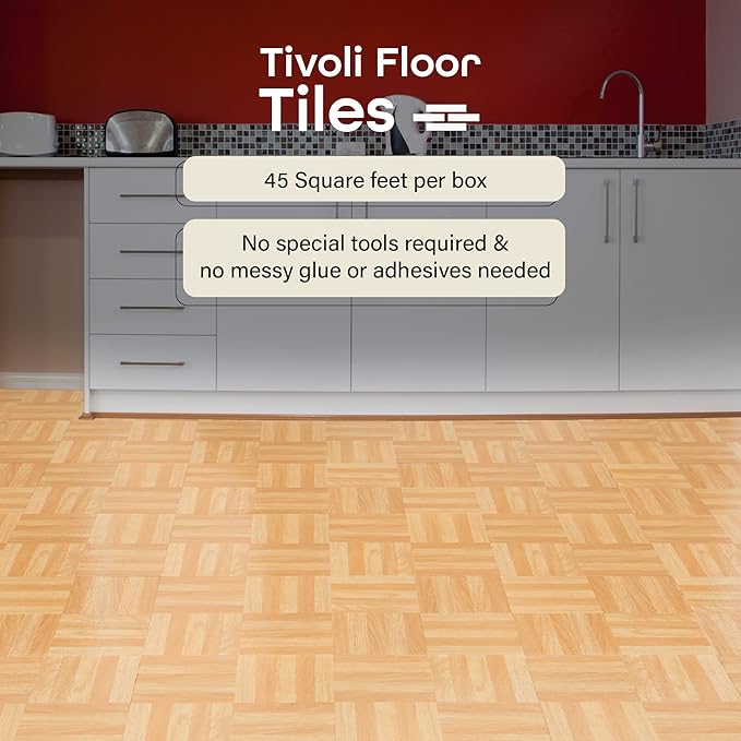 Tivoli Self Adhesive Vinyl Floor Tiles, 45 Tiles - 12" x 12", Four Finger Square Parquet - Peel & Stick, DIY Flooring for Kitchen, Dining Room, Bedrooms, Basements & Bathrooms by Achim Home Decor