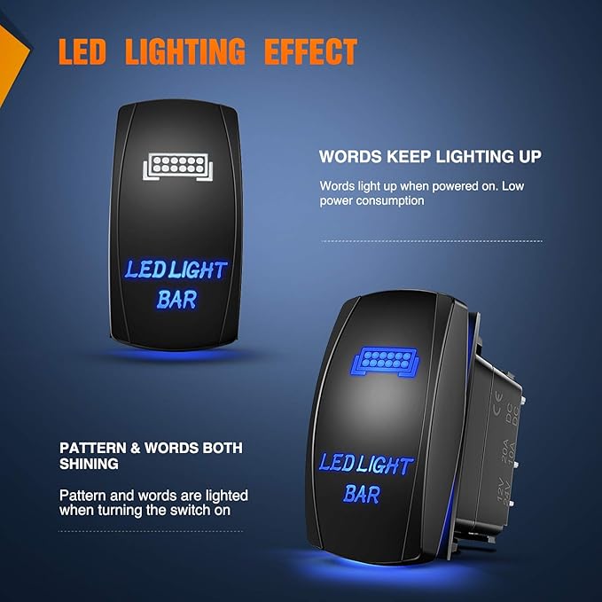 Nilight - 90001B LED Light Bar Rocker Switch 5Pin Laser On/Off LED Light 20A/12V 10A/24V Switch Jumper Wires Set for Jeep Boat Trucks,2 Years Warranty,Blue