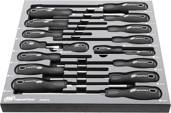 Ingersoll Rand 17 Piece Master Screwdriver Set with EVA Tray, Magnetized Tips, Hex Bolsters, SVCM Alloy Shafts, Soft Grip Handles, Slotted and Phillips - 752012