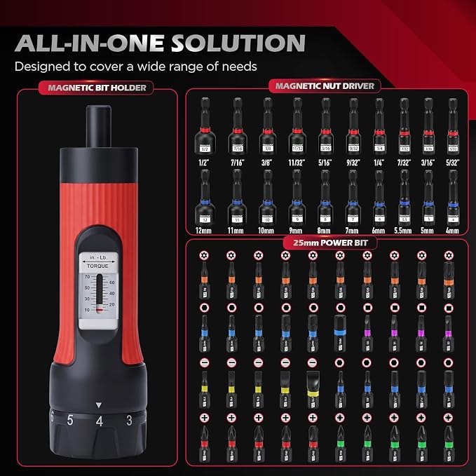 64-Piece Torque Screwdriver Set, 10-70 in-lb, 1/4" Drive Inch Pound Torque Wrench with 40 S2 Bits, 20 CR-V Magnetic SAE and Metric Nut Drivers, T-Bar, Bit Holder, 1/4" Magnetic Extension and Case