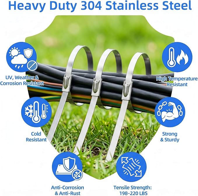 Stainless Steel Cable Tie Gun Metal Zip Ties Heavy Duty Outdoor, 250PCS 304 Metal Zip Cutter Adjustable Fastening Cutting Tie Tool Sets for Vehicles Exhaust Wrap Wire Fence Chicken Coop