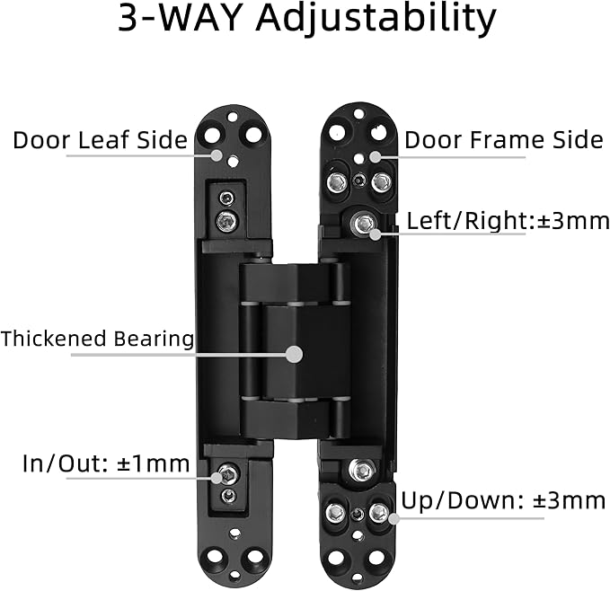 2-Pack 7 inch Black Hidden Door Hinges Heavy Duty, Zinc Alloy Invisible Hinges, Concealed 180 Degree Swing Hinge, 3 Way Adjustable Butt Hinge