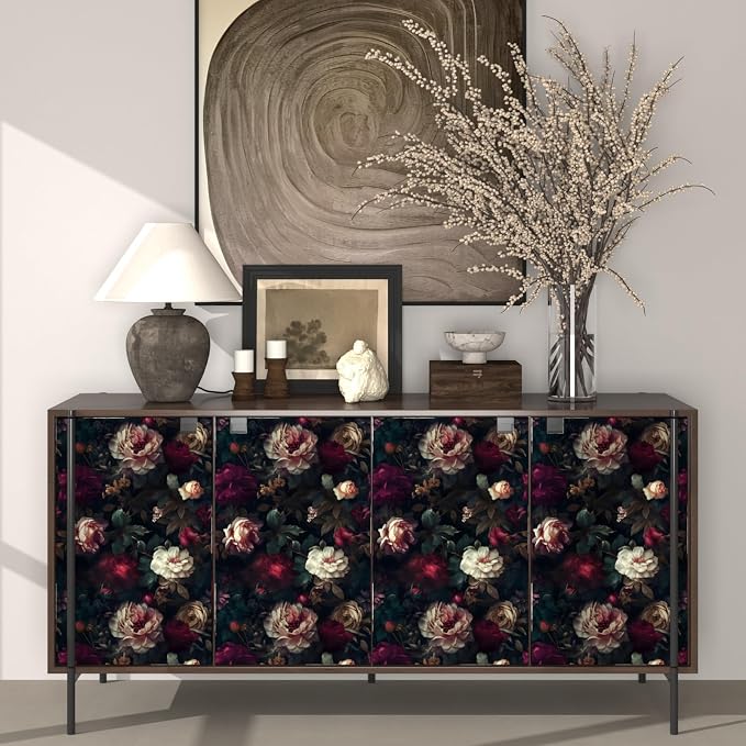 Fvlow Vintage Black Dark Red Floral Peel and Stick Wallpaper 17.4" x 197" | Renter Friendly, Removable & Waterproof, Vinyl Easy Install for Bedrooms, Bathrooms, Kitchens, Cabinets and Home Decor