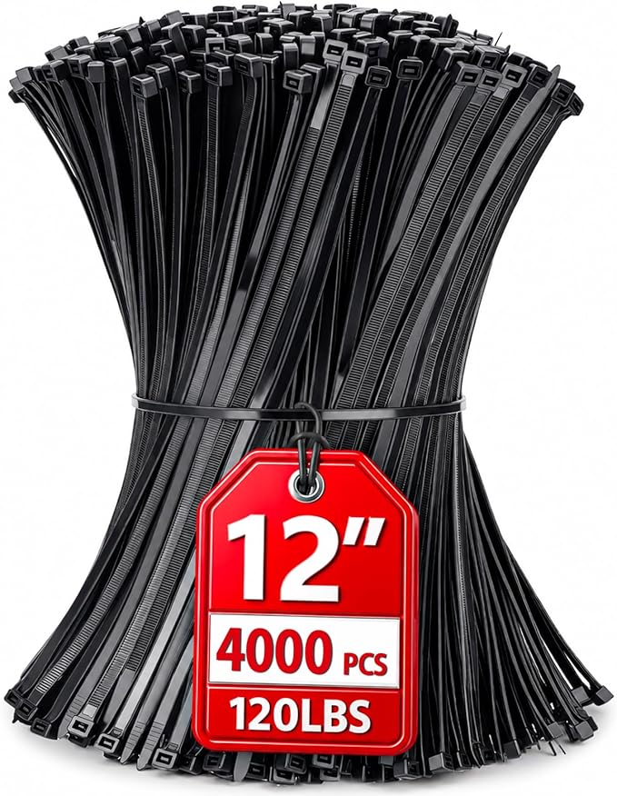 Zip Ties 12 inch, 4000 Pack Heavy Duty Black Zip Ties with 120 lbs Tensile Strength, Self-Locking Nylon Cable Ties,Wire Ties for indoor and outdoor use.