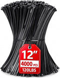 Zip Ties 12 inch, 4000 Pack Heavy Duty Black Zip Ties with 120 lbs Tensile Strength, Self-Locking Nylon Cable Ties,Wire Ties for indoor and outdoor use.