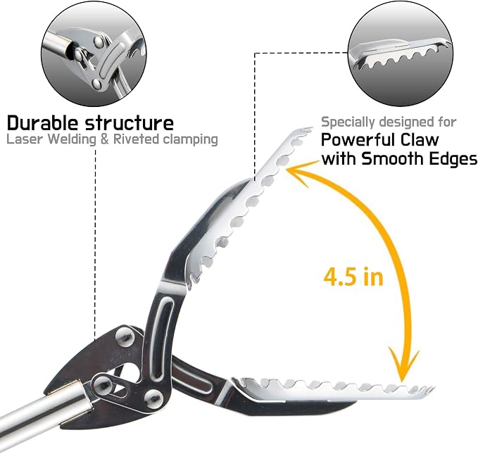 FTH Stainless Steel Grabber Reacher Pickup Tool Heavy Duty Trash Picker 48" | Log BBQ fireplace pits snake tongs plogging tool no wire design outdoor yard cleanup litter picker leaves branches sticks