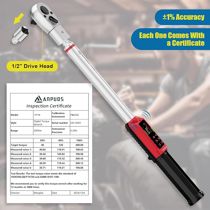 Adjustable Digital Torque Wrench, 2.2-147.5 Ft.lb, ±1% Accuracy | 3-200 Nm, 45mm Jaw & 1/2" Ratchet, 14×18mm Open End, Vibration, Buzzer and LED Indicator, for HVAC, Split AC, Auto, Plumbing