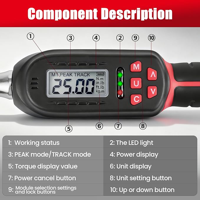 Adjustable Digital Torque Wrench for HVAC 5-100 ft.lb/6.8-135 N.m | Interchangeable Electronic Torque Wrench, 42 mm Open End and 1/2 inch Ratchet, 2% Accuracy, LED Buzzer Alert