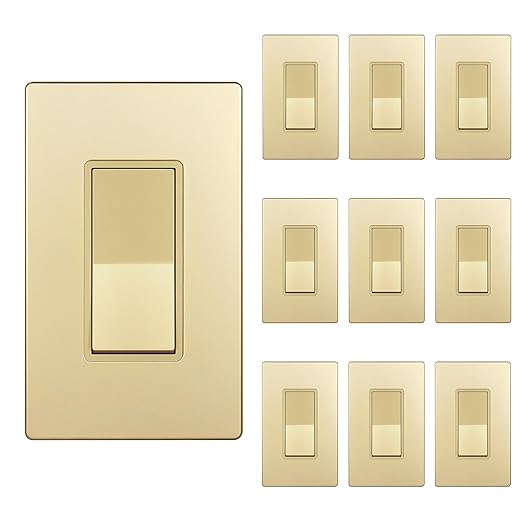 ENERLITES Elite Series Decorator Rocker Light Switch, 15A 120V/277V, Single Pole, Grounding Screw, Residential Grade, UL Listed, Wall Plates Included, 91150-GDWP-10PCS, Gold (10 Pack)