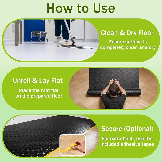 8x25 FT Garage Floor Mat, 2.8mm Thickened Flooring Roll for Under Car Diamond Plate PVC Rubber Mat with 20 Pcs Tapes, Non-Slip Floor Mat for Garage, Warehouse, Gyms, Trailer, Black