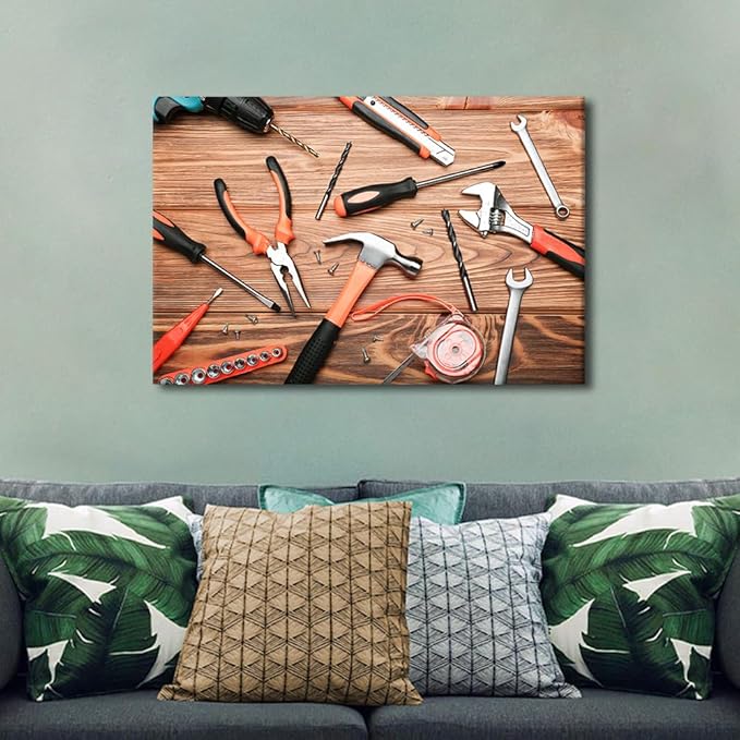 Wooden Table Old Tools Canvas Wall Art Background 1 Panels Tape Measure Pliers Artwork Frameds Modern Pictures for Office Meeting Room Study Decor Ready to Hang for Home Wall Decor ((16"Wx24"H)