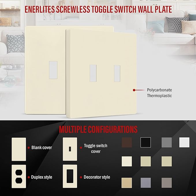 ENERLITES Screwless Double Toggle Switch Wall Plate, Child Safe Dual Light Switch Cover, Standard Size 2-Gang 4.68" x 4.73", Unbreakable Polycarbonate Thermoplastic, SI8812-LA, Glossy, Light Almond
