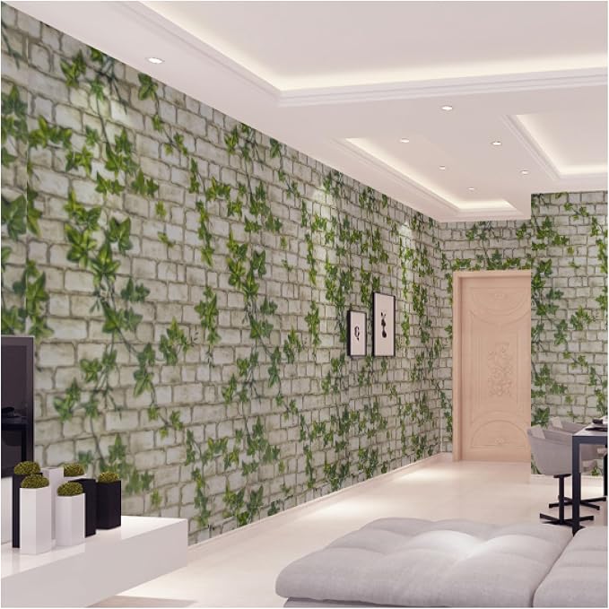 Green Leaves Brick Wallpaper Peel and Stick Realistic Distressed Textured Waterproof Self Adhesive Contact Paper Vintage Removable Vinyl Wall Paper Faux Brick Look Wall Covering 23.6"x393"