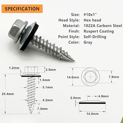 #10 x 1 Hex Head Sheet Metal Roof Screws, Rustpert Coating Metal to Wood siding Screws, 60 Pieces