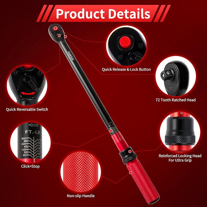 Hairich Torque Wrenches, 1/2 Torque Wrench, 40-300ft.lb/33.9-406.8Nm | ±3% High Precision, Dual-direction, 72-tooth Drive Click 1/2 Drive Torque Wrench 300 ft lbs with Dual Range Scales