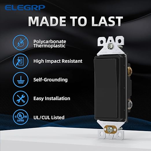 ELEGRP 3 Way Decorative Light Switch, 15Amp, 120-277 Volt, AC Decorator Rocker Paddle Wall Switch Replacement, Self-Grounding, Residential and Commercial Grade, UL Listed (10 Pack, Glossy Black)