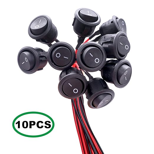 Twidec/10Pcs 12V Round Rocker Switch AC 6A/250V 10A/125V SPST 2 Pin 2 Position On/Off Toggle Switch for Car Boat Automotive RV Black with Pre-soldered Wires KCD1-X-Y
