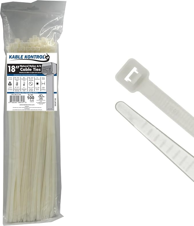 Kable Kontrol Heavy Duty Cable Zip Ties 100 Pcs 18 Inch, Natural White, 120 Lbs Tensile Strength, Self-Locking Nylon Clear Plastic Wire Ties Wraps for Indoor or Outdoor Use