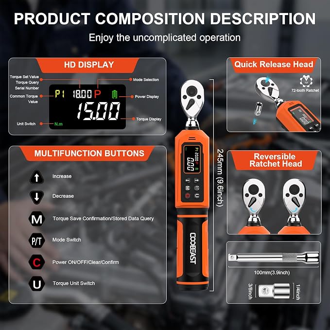 1/4 Drive Digital Torque Wrench,Preset Value(0.33-22.1 Ft.lbs./0.45-30Nm) | Buzzer and LED Alert,±2% High Accuracy,72-Tooth, Quick Release,Reversible,Large Screen,for Bike Motorcycle,Gift for Men,DIY