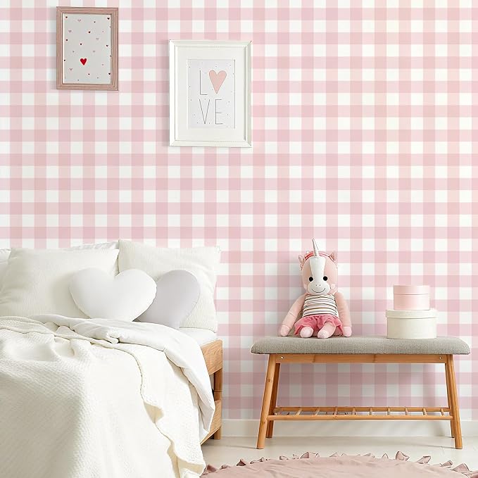 Plaid Wallpaper Peel and Stick, Pink, 17.7"x393" | Self Adhesive, Vinyl, Removable, Boho Contact Paper, Checkered Wall Paper for Bedroom, Living Room, Bathroom