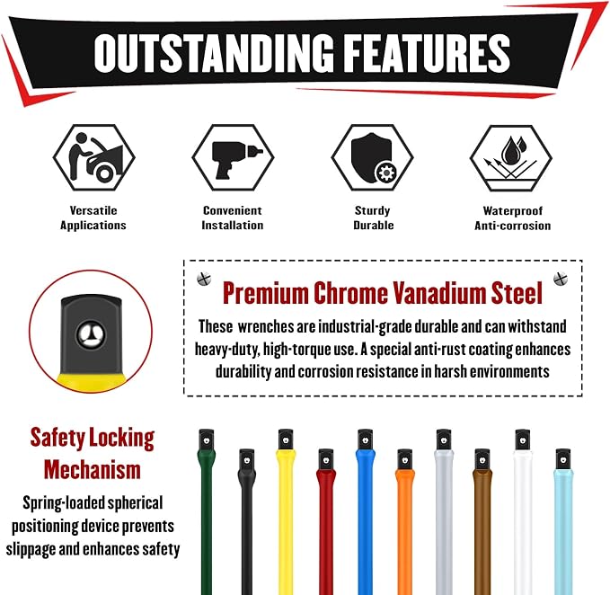 YIYITOOLS 10Pcs 1/2" Drive Torque Limiting Extension Bar Set, 8" Long Torque Sticks (65-150 Ft-Lbs), Impact Socket Extensions with Storage Case, Color-Coded, for Lug Nuts, Tire Repair