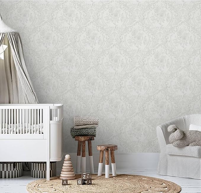 Ismoon Peel and Stick Wallpaper Vintage Floral Contact Paper Boho White and Grey Watercolor Damask Wallpaper Textured Removable Self Adhesive Vinyl Wall Paper for Bedroom, 17.3 in X 6.5 ft