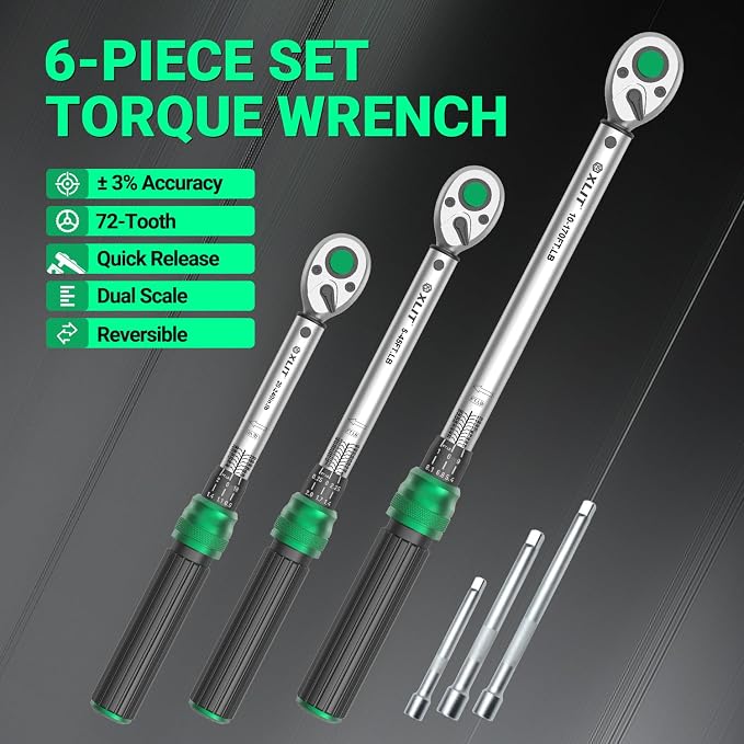 3-Piece Torque Wrench Set - 3 Click Wrenches (1/4", 3/8", 1/2") with 3pc Extension Bars, 72-Tooth Ratchet, ±3% Accuracy, for Automotive, Motorcycle & E-Bike