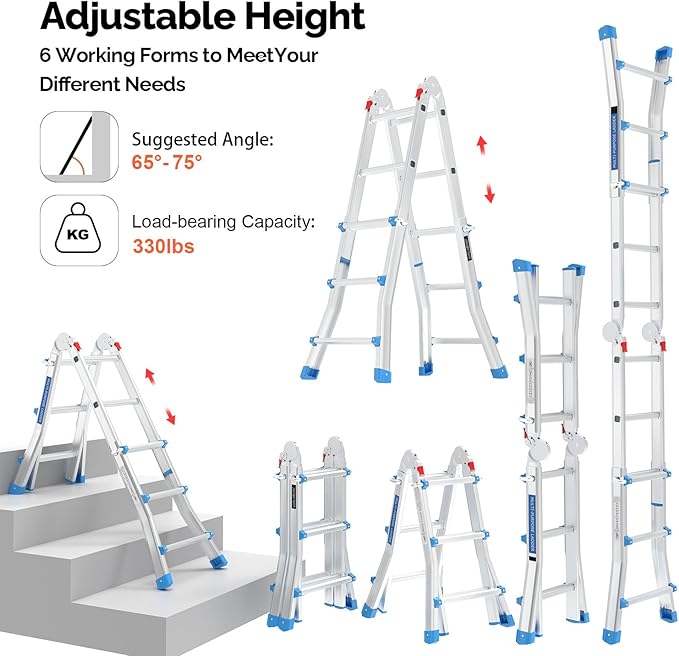 LUISLADDERS Ladder, A Frame Step Ladder Telescoping Ladder, Muti Position Folding Ladder Flared Leg & Wheels Design, 330 lbs Capacity Extension Ladder for Household Outdoor Work (13 FT)