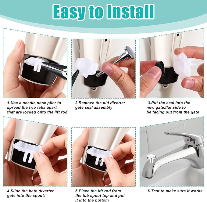 2 Set Tub Spout Diverter Repair Kit, Includes 2 x Diverter Valve Stems, 2X Cup Seals, 2X Gates, Shower Diverters Repair Kit, Bathroom Shower Bathtub Leaky Faucet Repairs Replacement Parts (Silver)