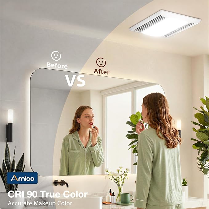 Amico Bathroom Exhaust Fan with LED Light, 80 CFM, 0.9 Sones, 1000LM, 5CCT, 90 CRI, Ceiling Mount Shower Ventilation Fan, No Attic Access Needed, 4 Inch Duct, ETL & FCC