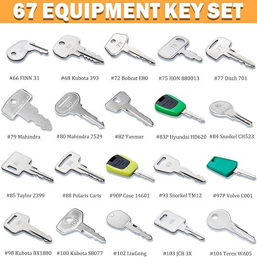 67 Heavy Equipment Master Keys Constrtution Machinery Operator Key for CAT John Deere CaterpillarToyota Volvo JCB Massey Ferguson JLG Genie Vermeer Terex Skyjack Hyster, Forklifts and Excavator